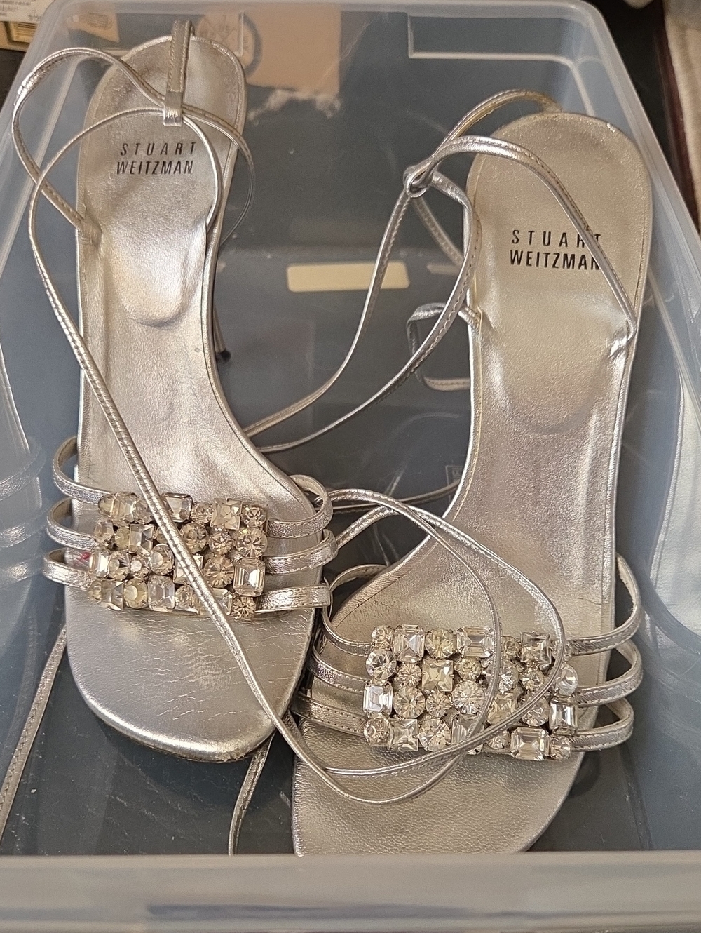 Stuart Weitzman Silver Crystal-Strap Ankle-Tie Heels